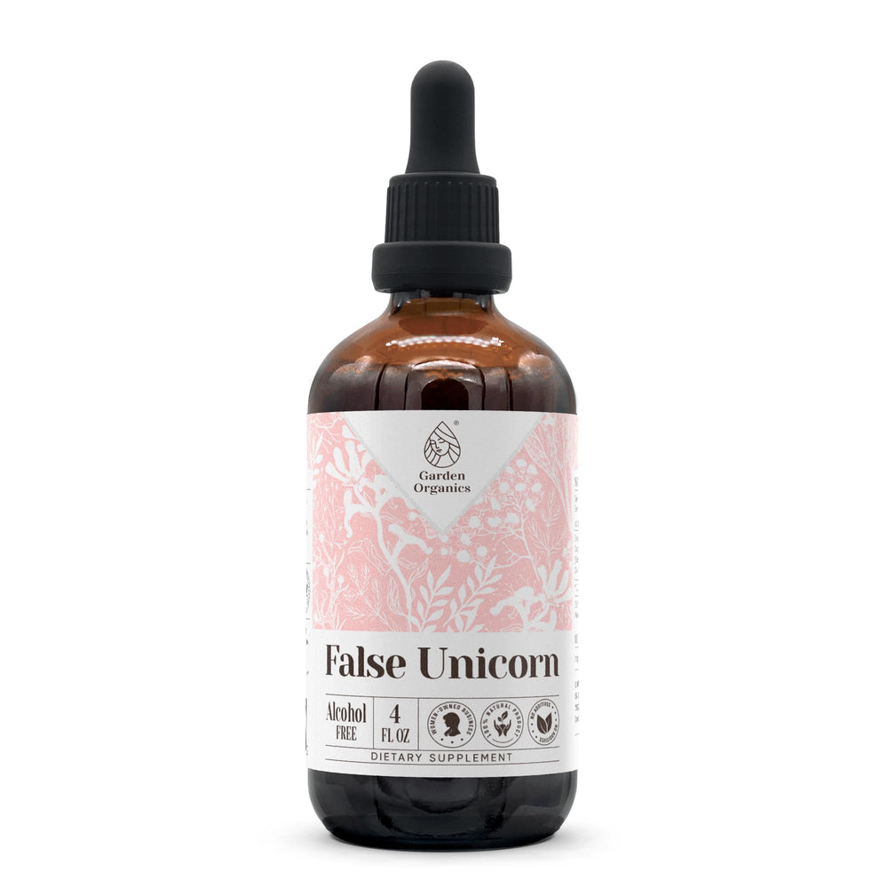 Garden Organics False Unicorn tincture bottle showing natural, alcohol-free formula and clean packaging.