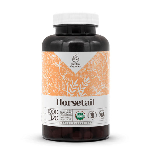 Garden Organics Horsetail capsules in bottle, vegan and organic daily supplement.