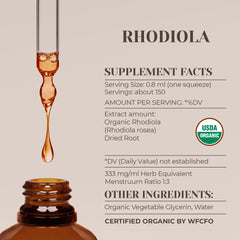 Garden Organics Rhodiola tincture bottle label view emphasizes purity and organic sourcing.