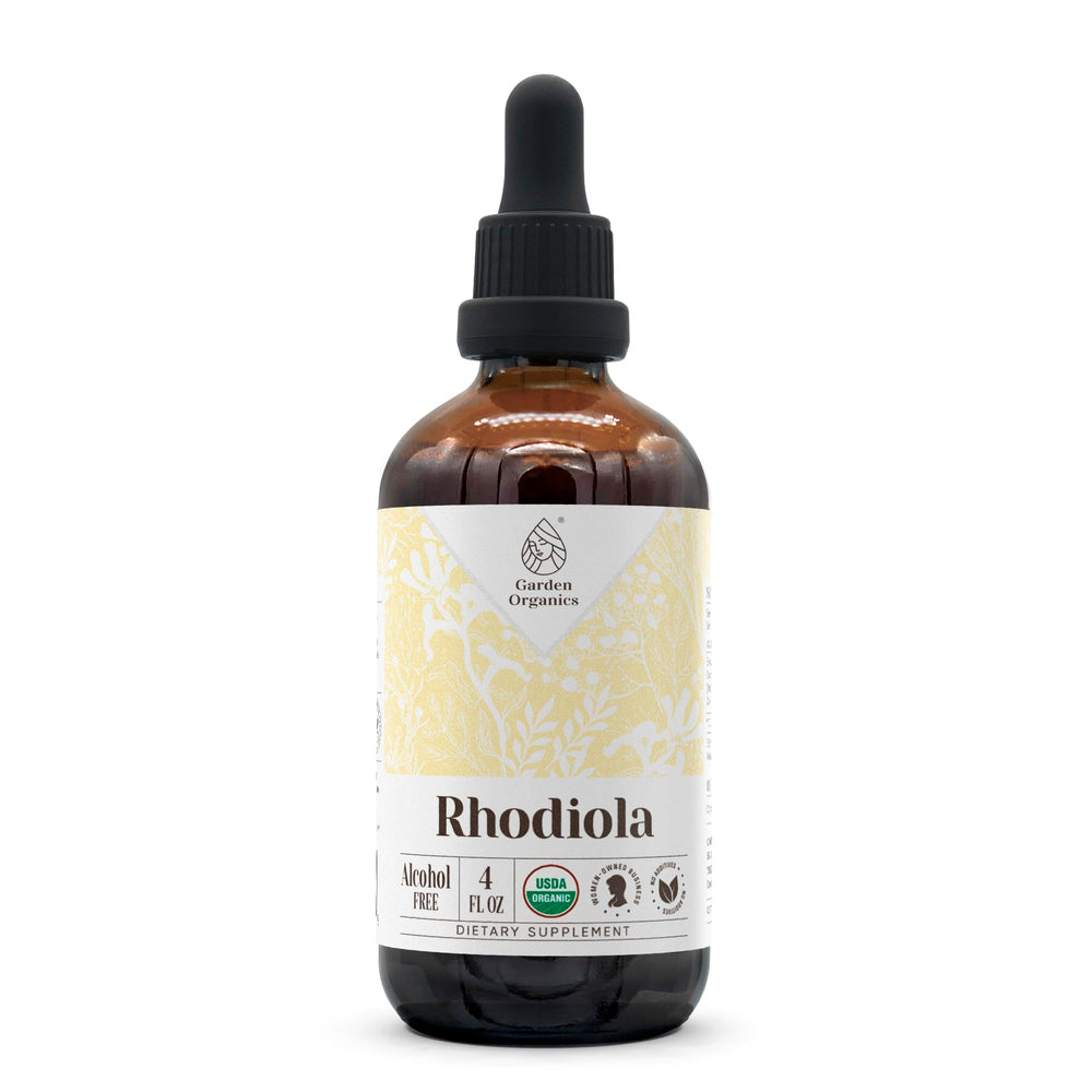 Garden Organics Rhodiola USDA Organic bottle with dropper suggesting mood support and balance.