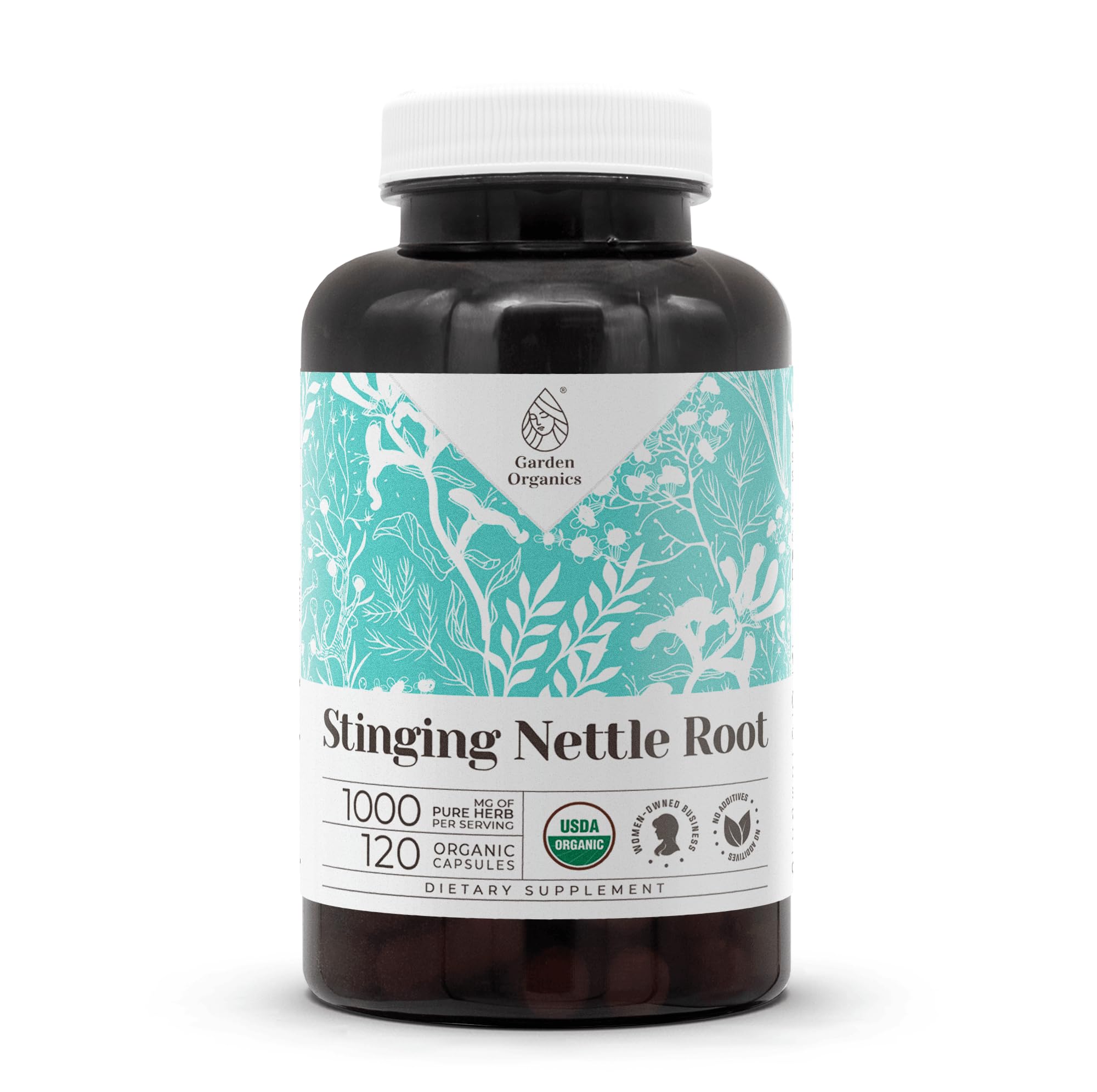 Garden Organics Stinging Nettle Root bottle highlighting urinary support potential