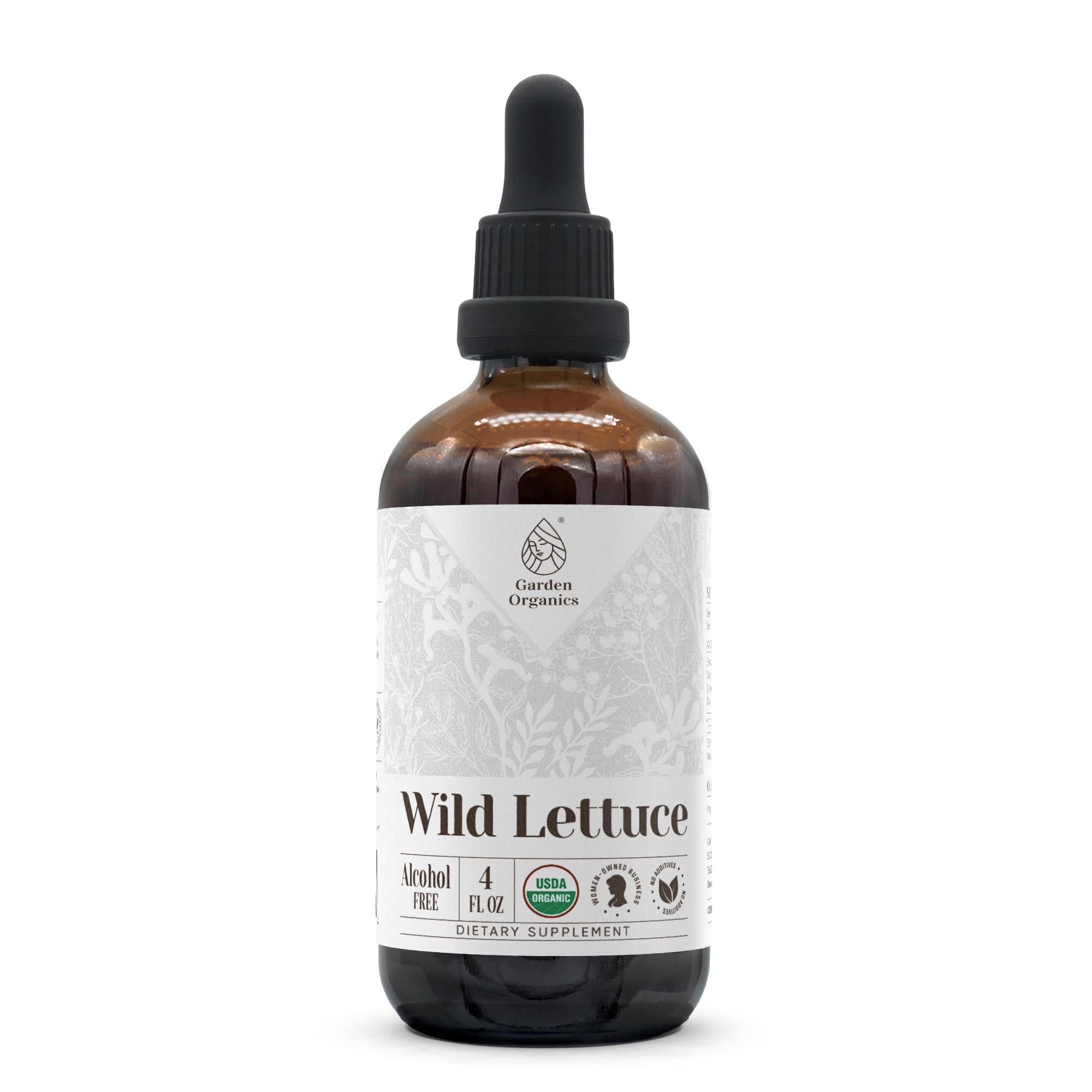 Garden Organics Wild Lettuce extract bottle, alcohol-free dietary supplement.