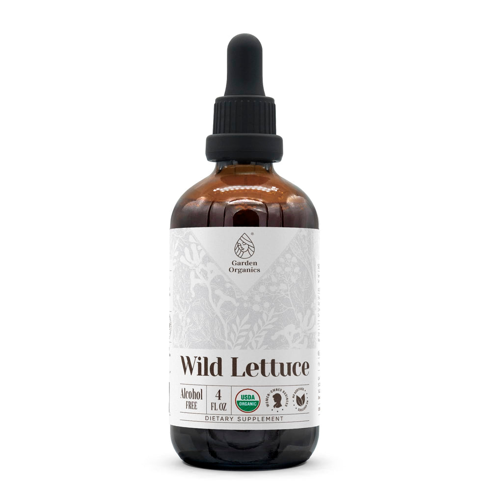 Garden Organics Wild Lettuce extract bottle, alcohol-free dietary supplement.