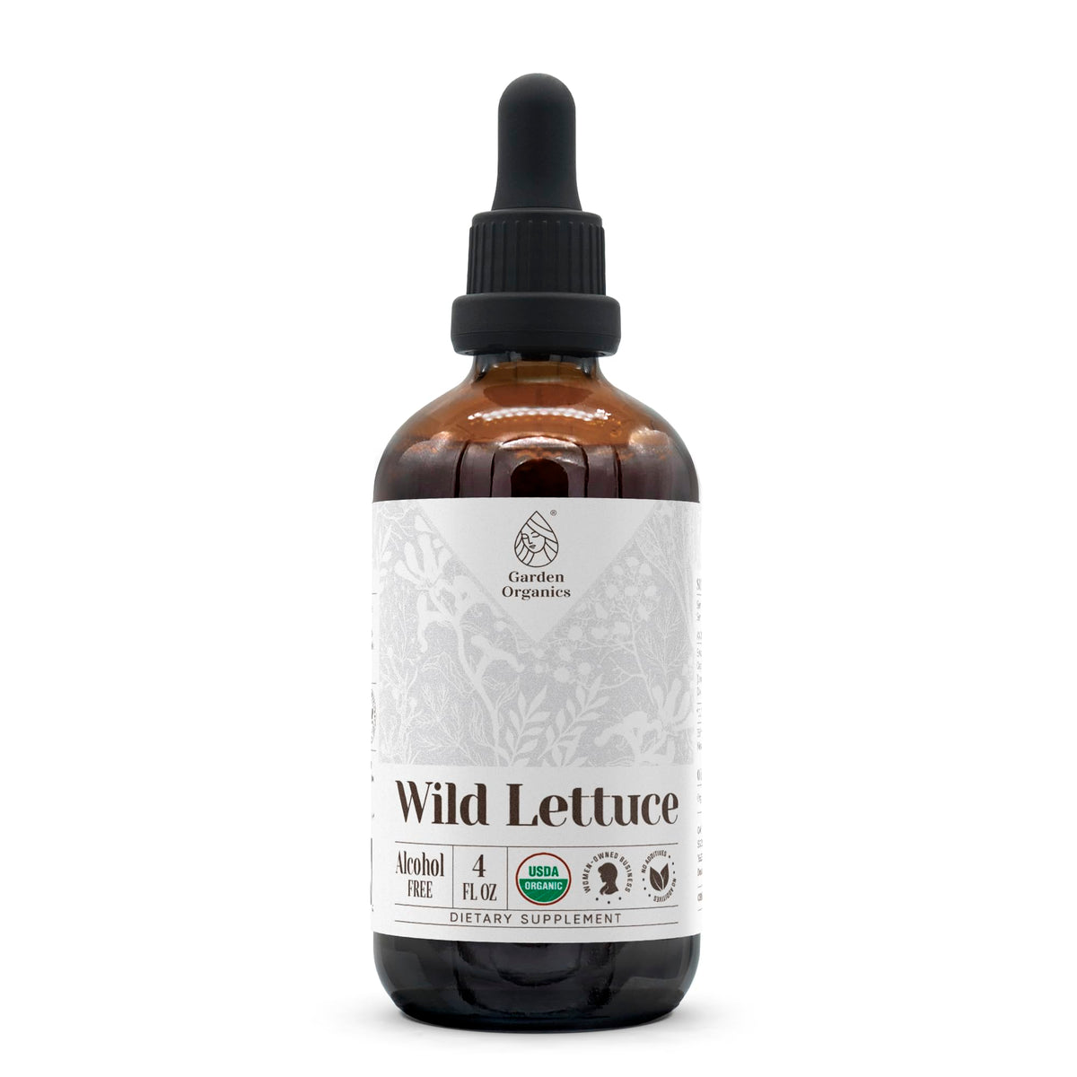 Garden Organics Wild Lettuce extract bottle, alcohol-free dietary supplement.