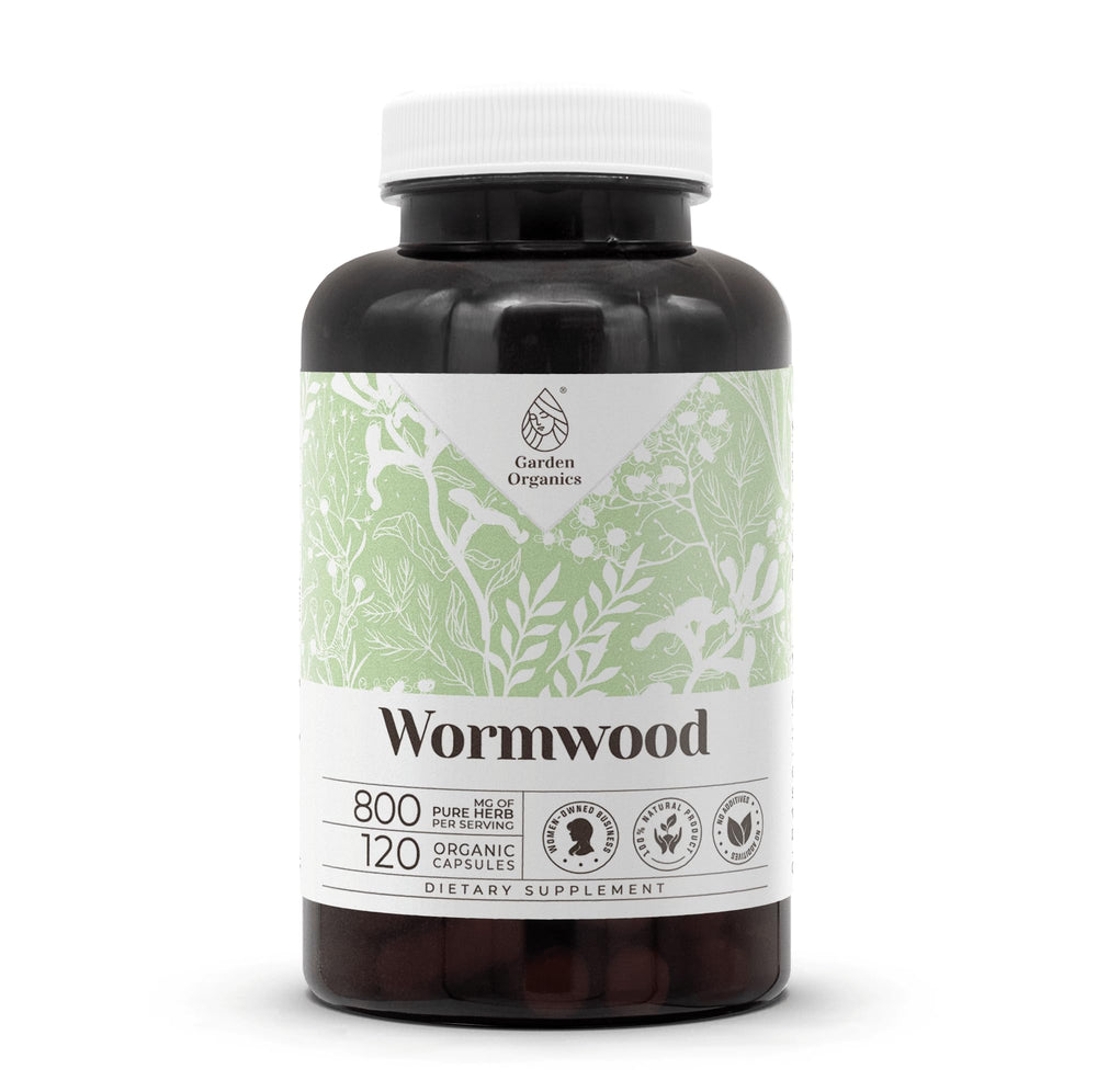 Garden Organics Wormwood bottle front view highlights high-potency capsules for daily wellness.