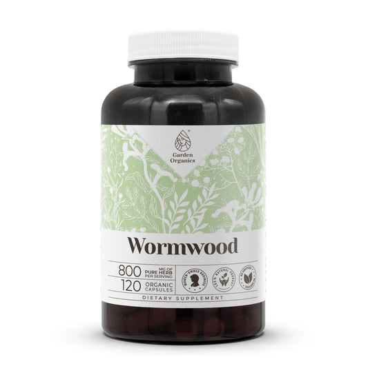 Garden Organics Wormwood bottle front view highlights high-potency capsules for daily wellness.