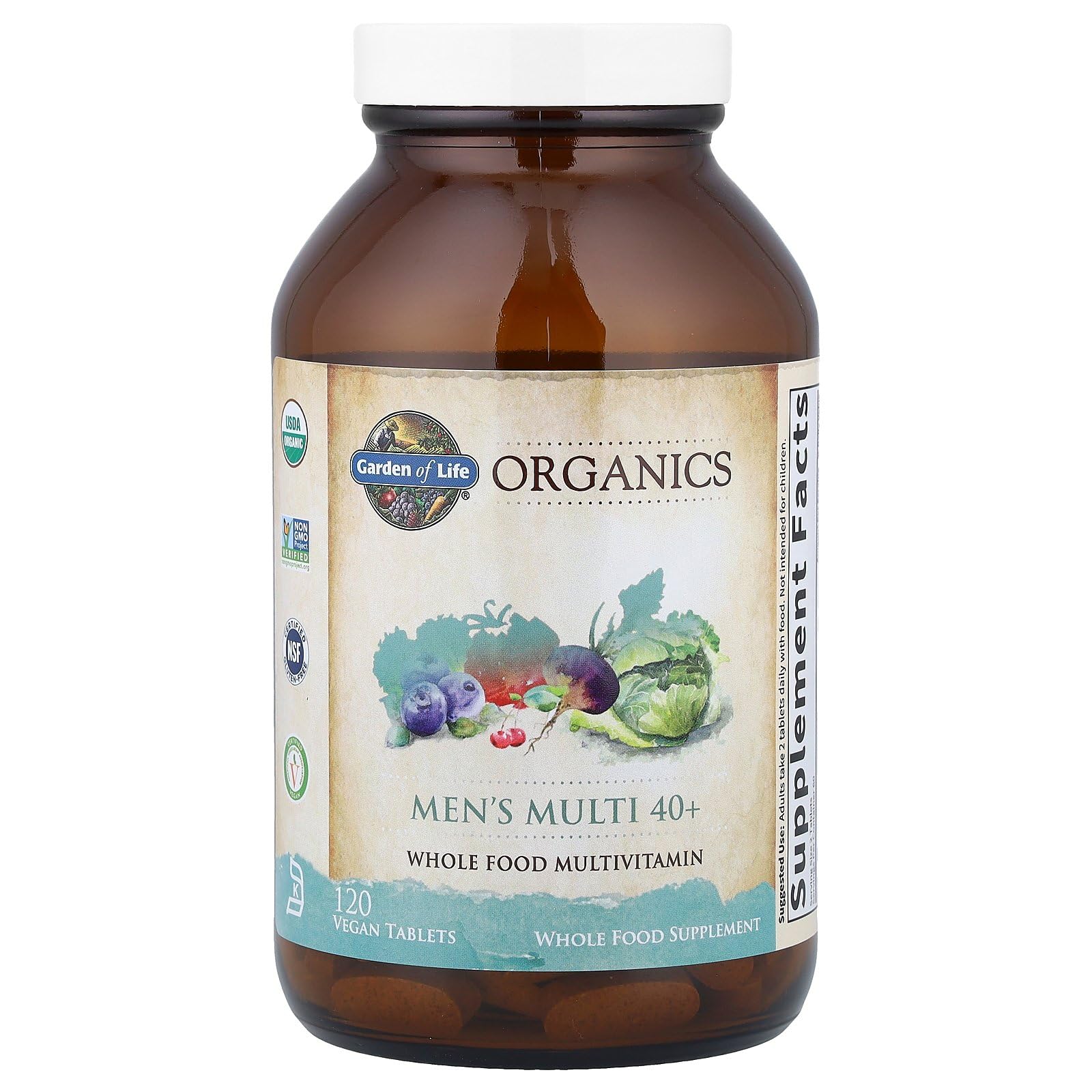 Garden of Life Organics Men’s Multi 40+ bottle pour illustrating convenient dosing