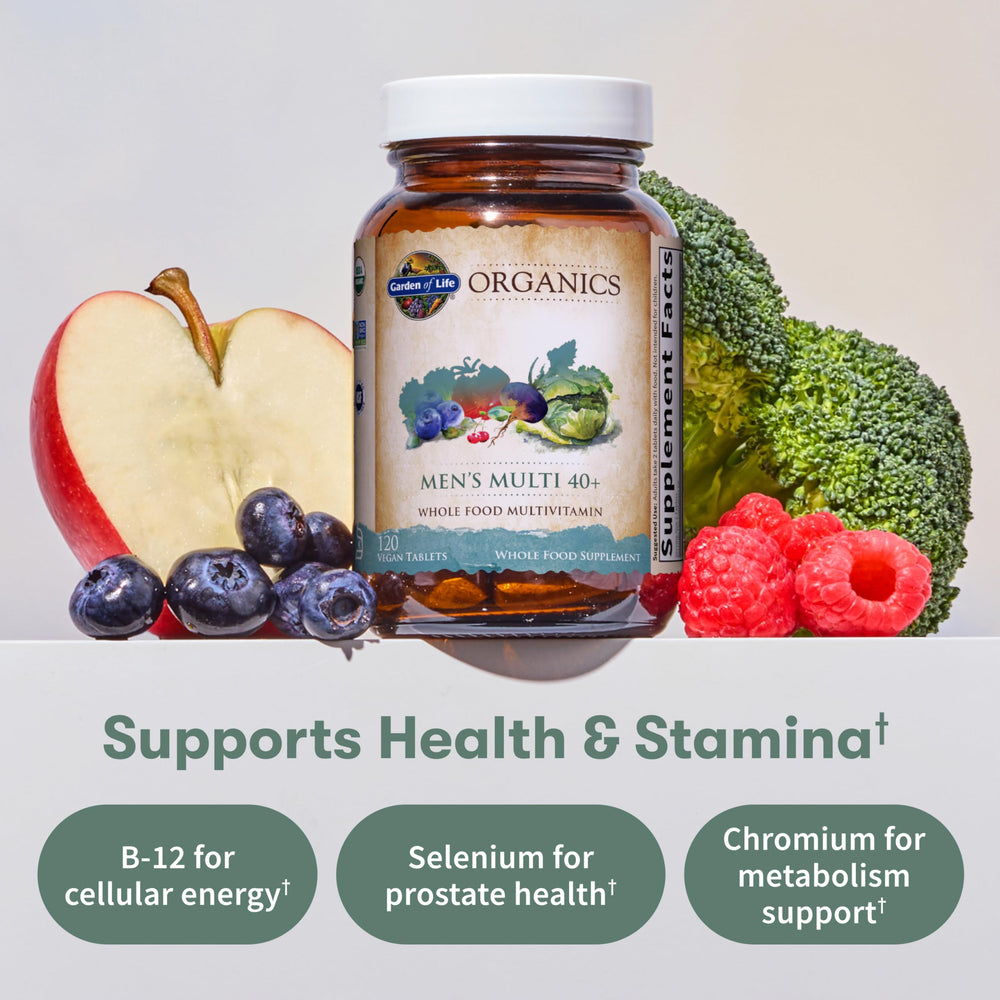 Garden of Life Organics Men’s Multi 40+ packaging emphasizing prostate-support nutrients