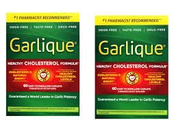 Garlique cholesterol-friendly routine depicted alongside healthy meals and activity visuals.