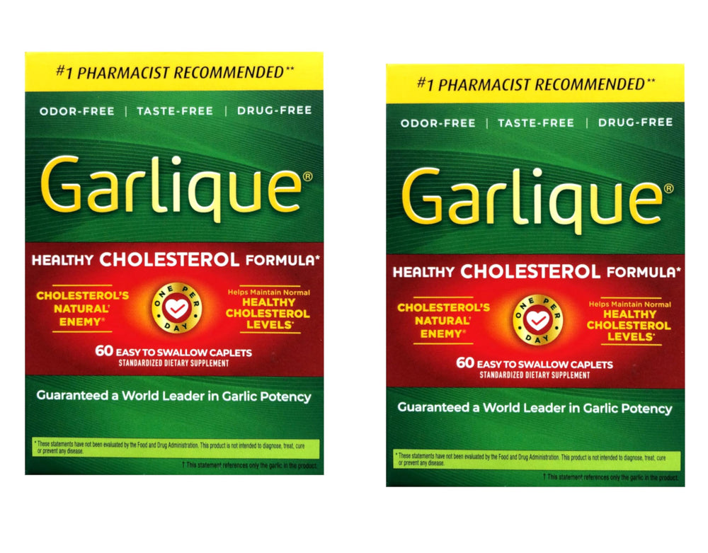 Garlique healthy-cholesterol-caplets on bottle for daily cardiovascular wellness.
