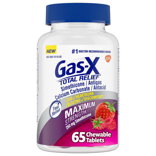 Gas-X Total Relief chewables package front with mixed berry flavor for fast gas relief.