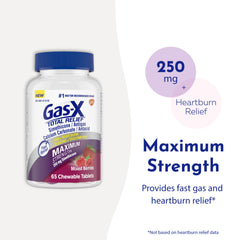 Gas-X Total Relief tablets closeup highlighting simethicone and calcium carbonate for dual relief.