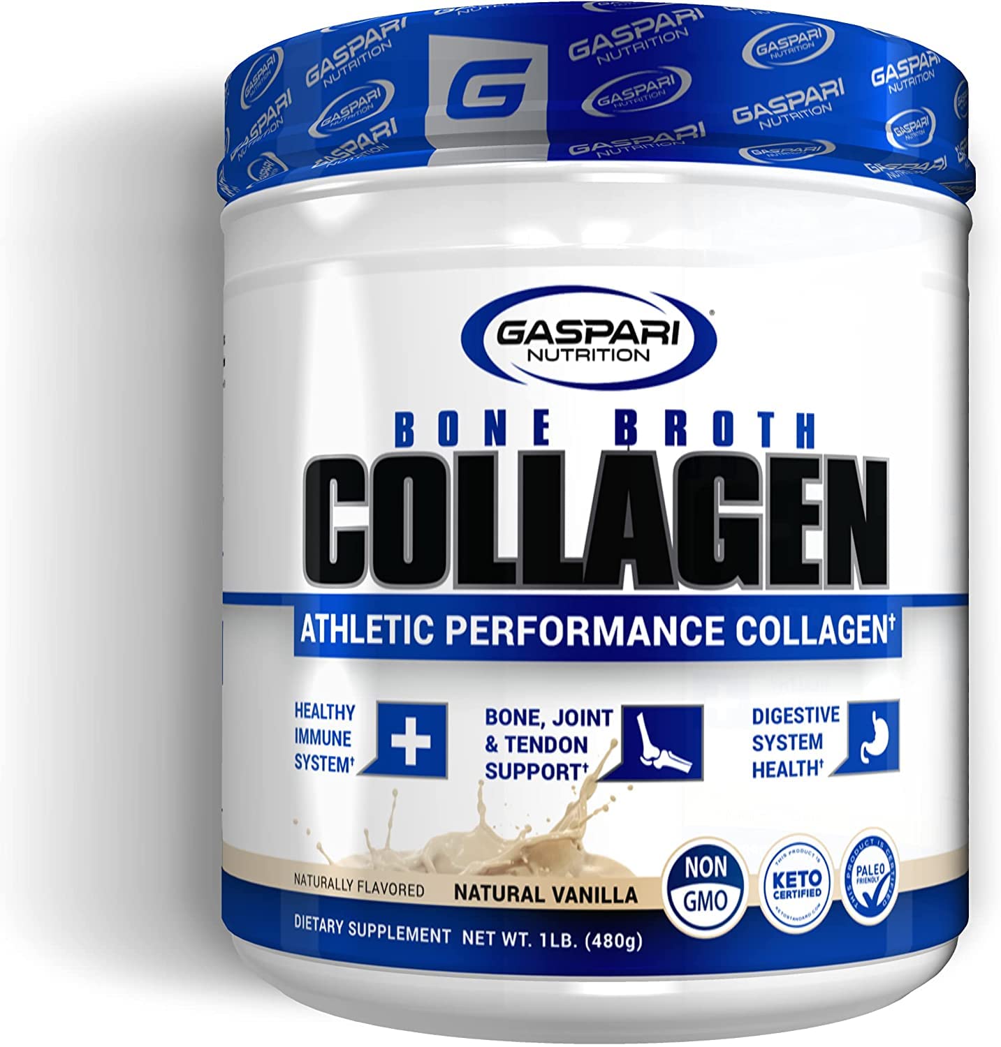 Gaspari Nutrition Bone Broth Collagen bottle highlights protein-rich athletic support.