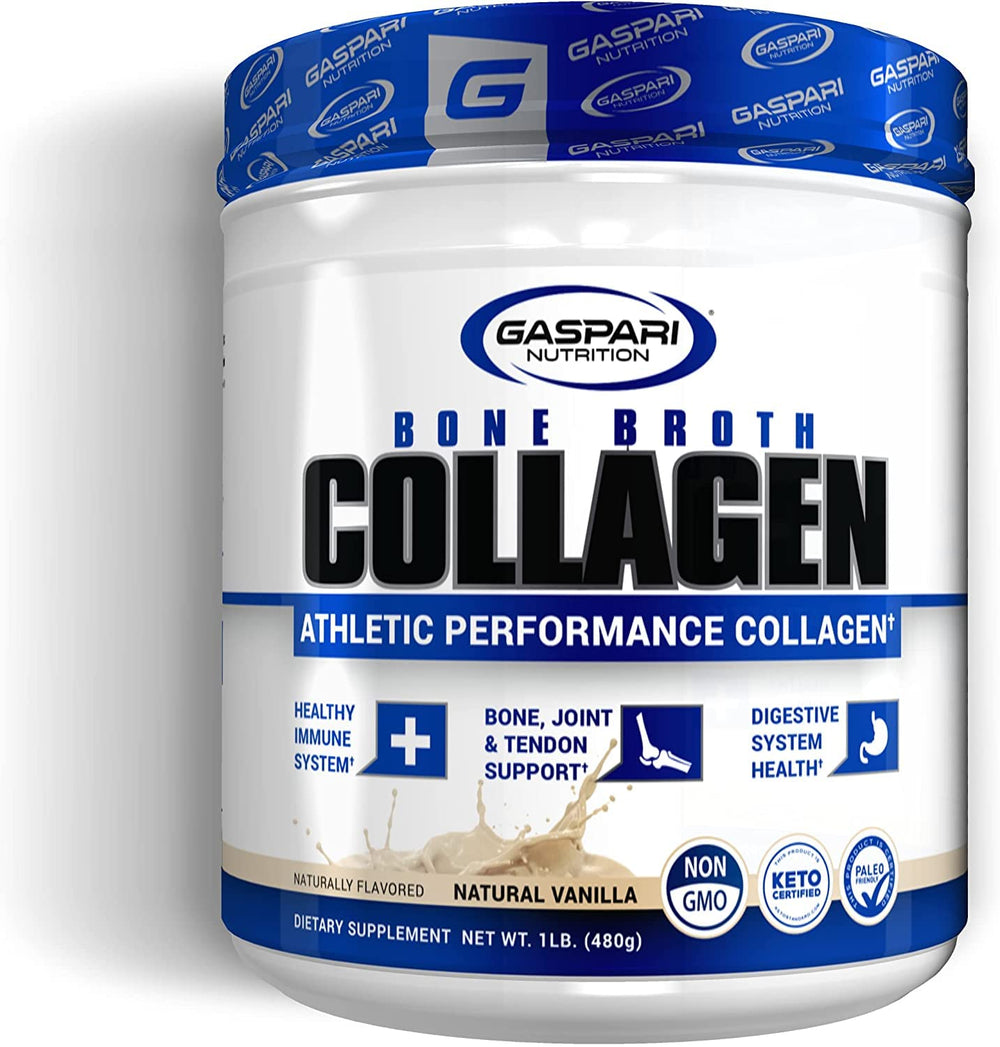 Gaspari Nutrition Bone Broth Collagen bottle highlights protein-rich athletic support.