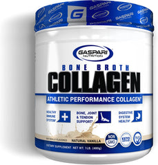 Gaspari Nutrition Bone Broth Collagen bottle highlights protein-rich athletic support.