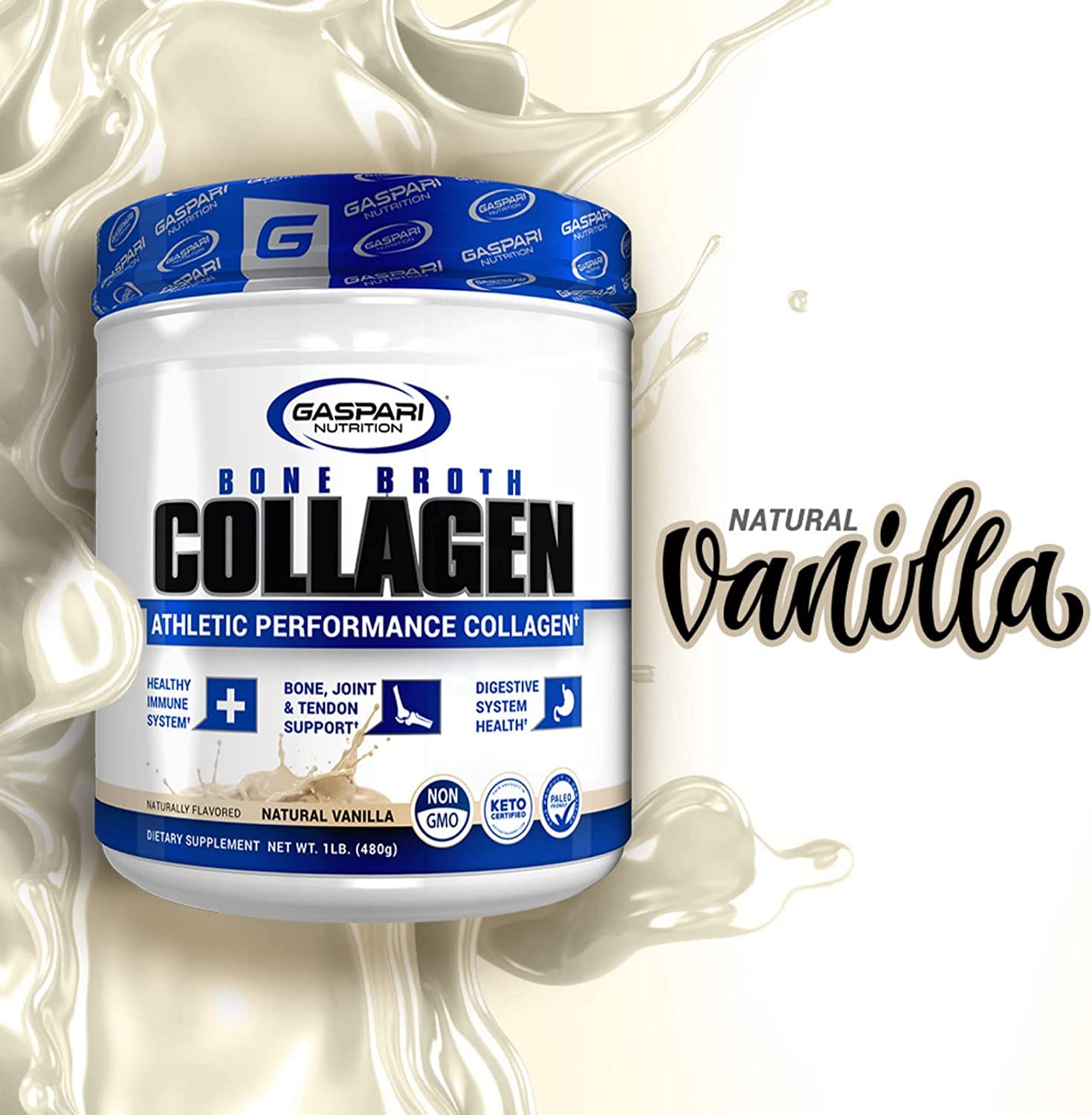 Pouring Gaspari Bone Broth Collagen into a glass for post-workout hydration.