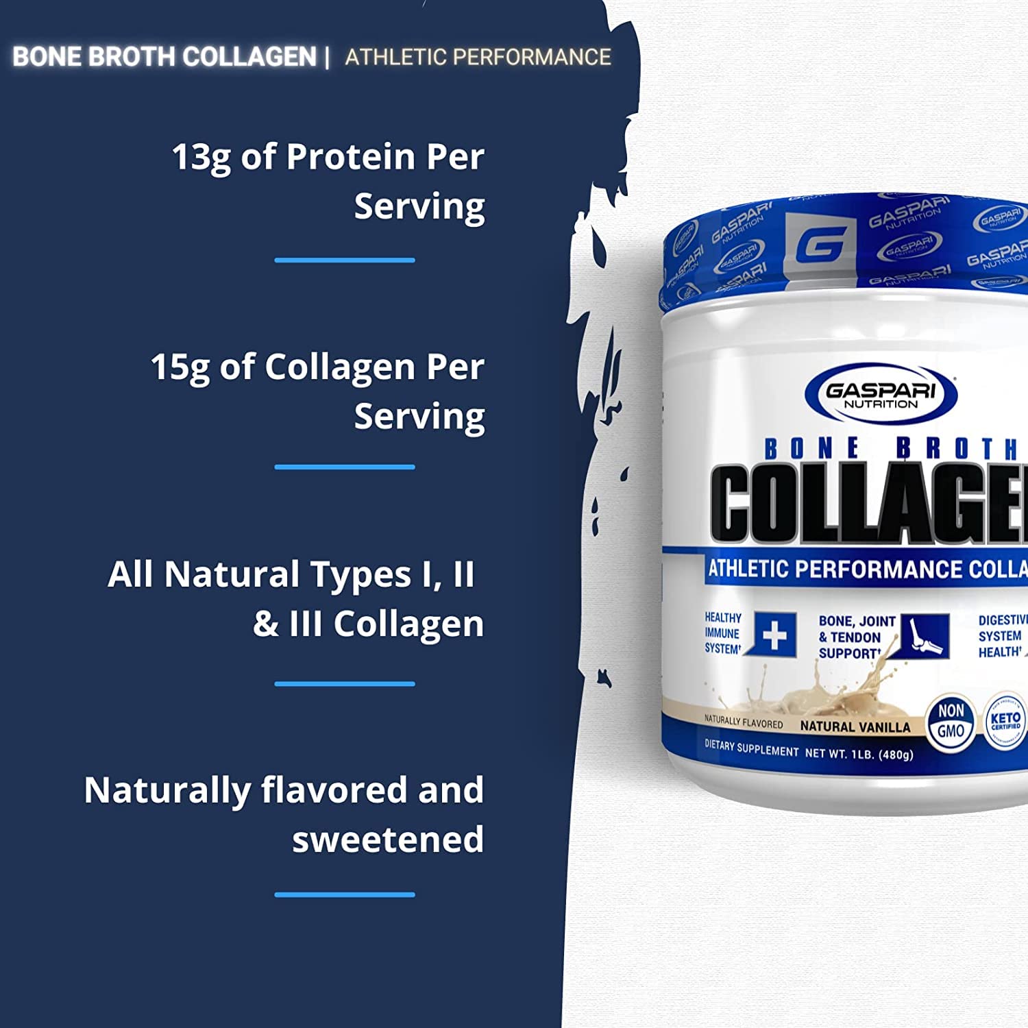 Gaspari Nutrition Bone Broth Collagen scoop showing 13 g protein per serving for recovery.