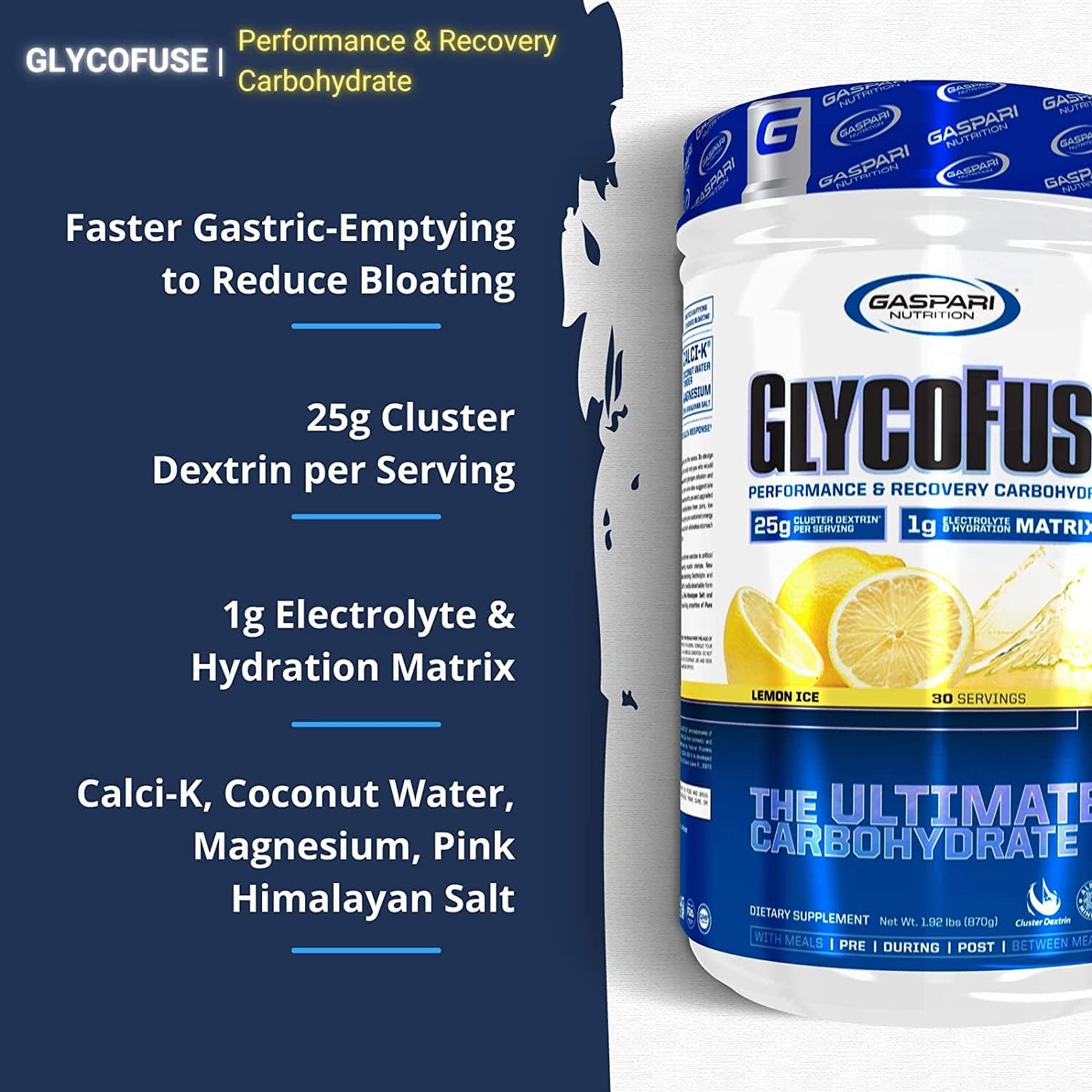 Close-up of Glycofuse powder texture showing fast-acting carbohydrate formula