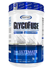 Gaspari Glycofuse tub front view highlighting 25 g carb blend for steady workout energy