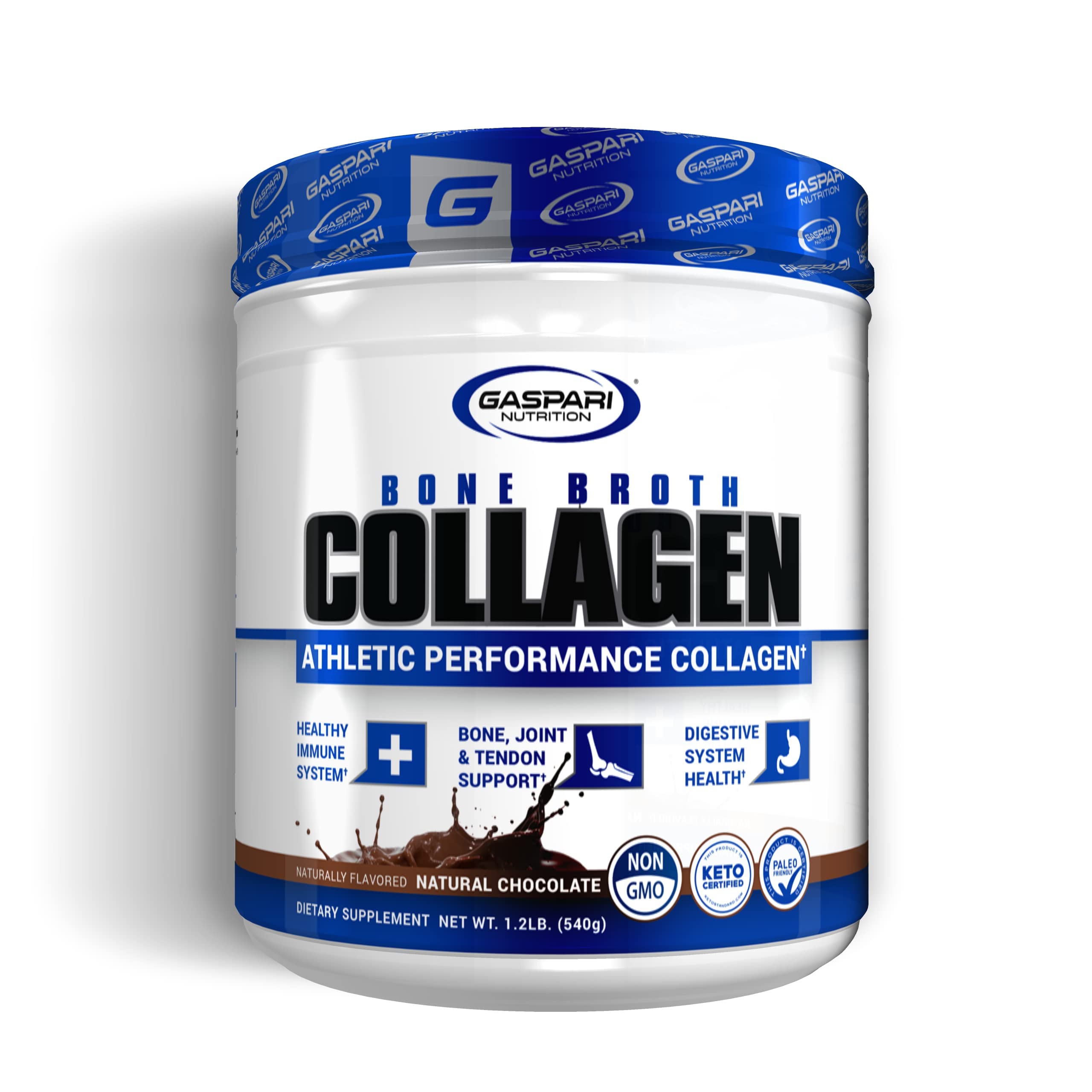 Gaspari Nutrition Bone Broth tub front shows collagen-rich powder for athletic support.