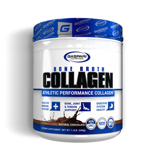 Gaspari Nutrition Bone Broth tub front shows collagen-rich powder for athletic support.