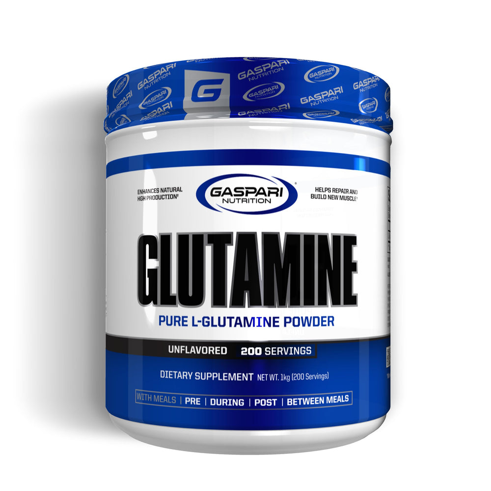 Gaspari Nutrition Glutamine bottle with powder post-workout recovery focus.