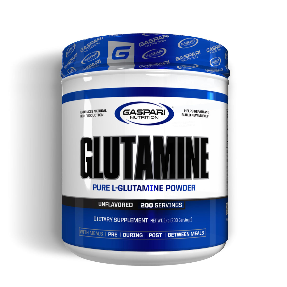 Gaspari Nutrition Glutamine bottle with powder post-workout recovery focus.