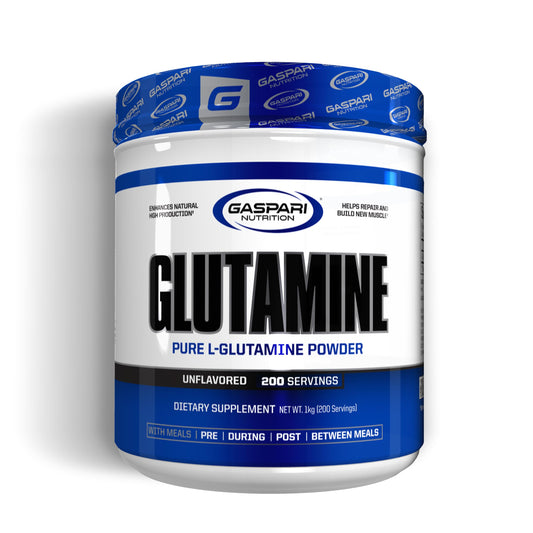 Gaspari Nutrition Glutamine bottle with powder post-workout recovery focus.
