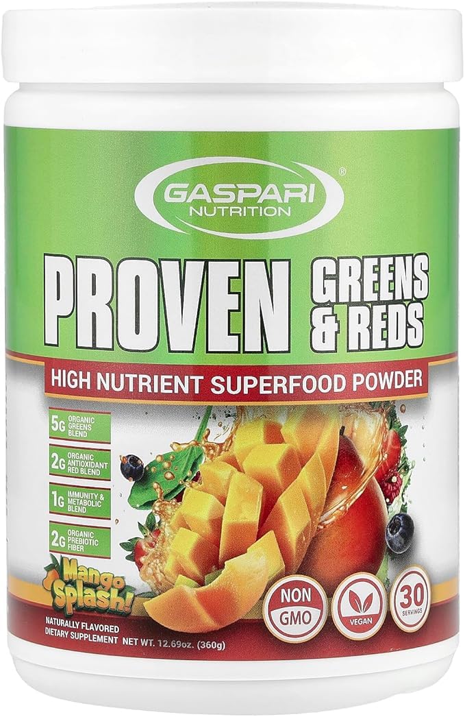Gaspari Nutrition Greens and Reds bottle pour showing immune-supporting superfood blend.