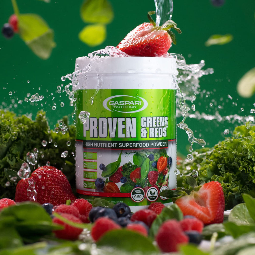 Gaspari Nutrition Greens and Reds vegan non-GMO stamp on label