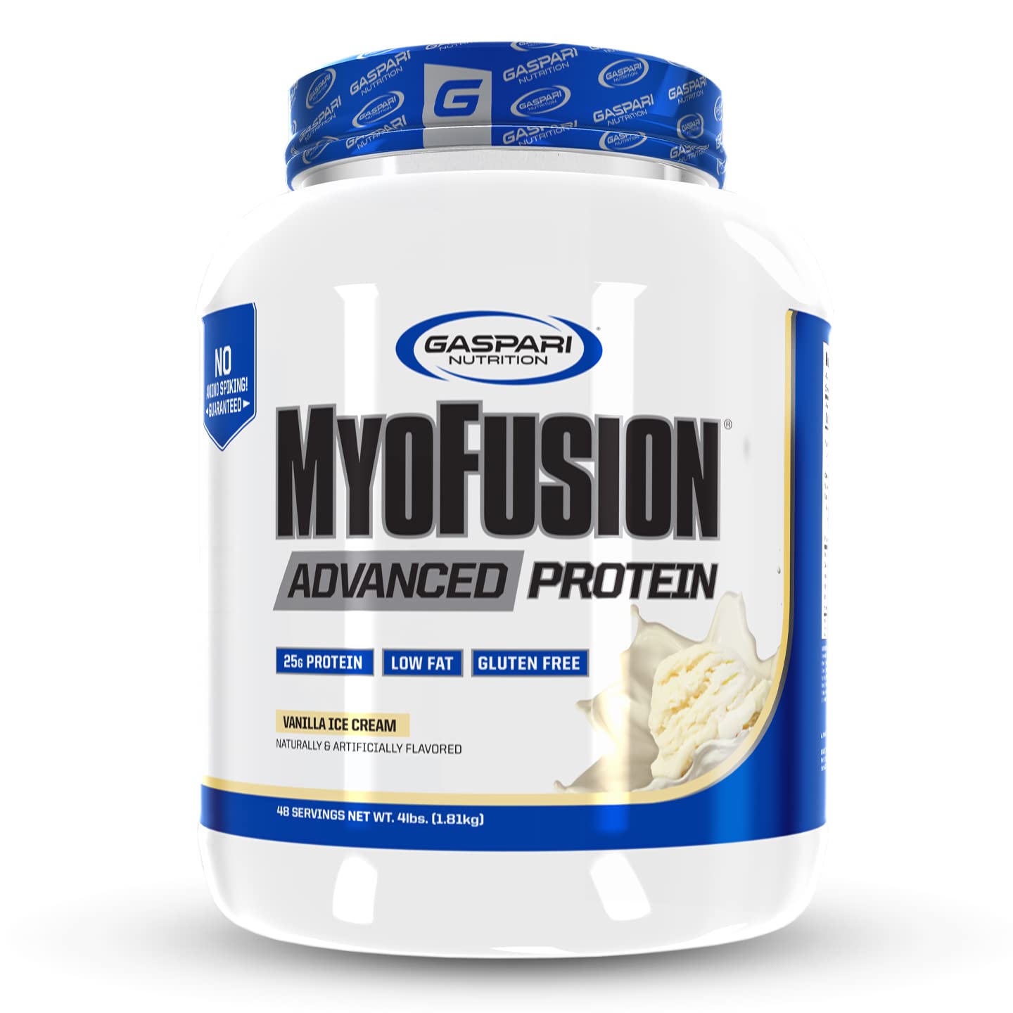 Gaspari Nutrition Myofusion Advanced Protein bottle showing gluten-free formula and pleasant taste
