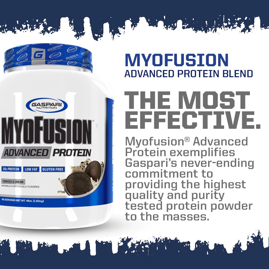Gaspari Nutrition Myofusion Advanced Protein label highlighting whey, casein, and isolate