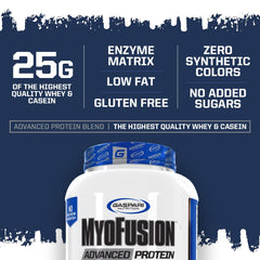 Gaspari Nutrition Myofusion Advanced Protein shake glass with creamy vanilla shake