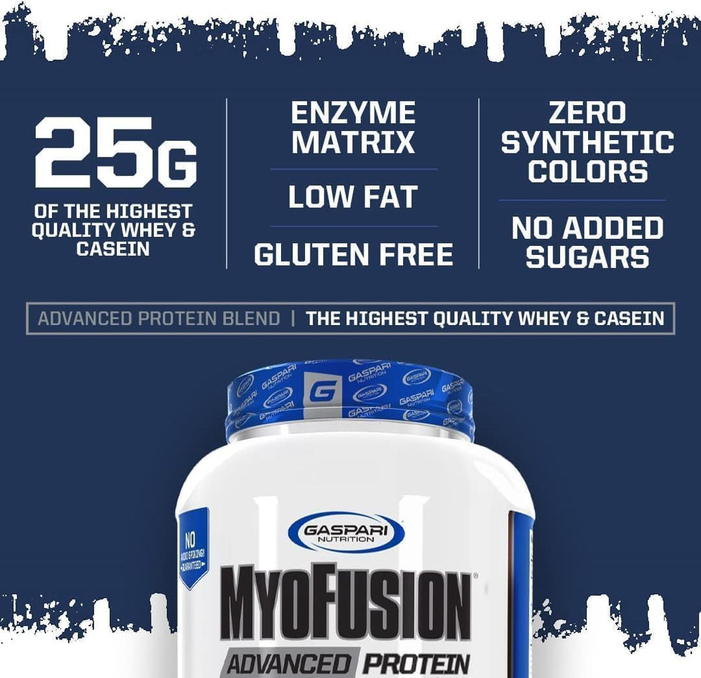 Gaspari Myofusion Advanced servings image emphasizes 25g protein per serving.