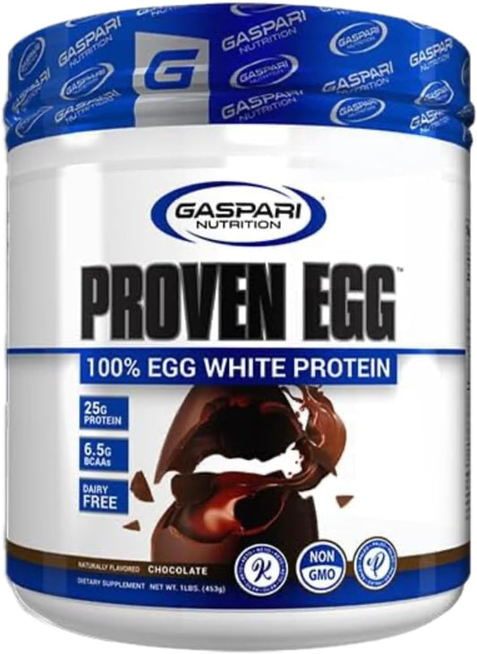 Gaspari Nutrition Proven Egg chocolate shake showing purity and keto-friendly protein boost.