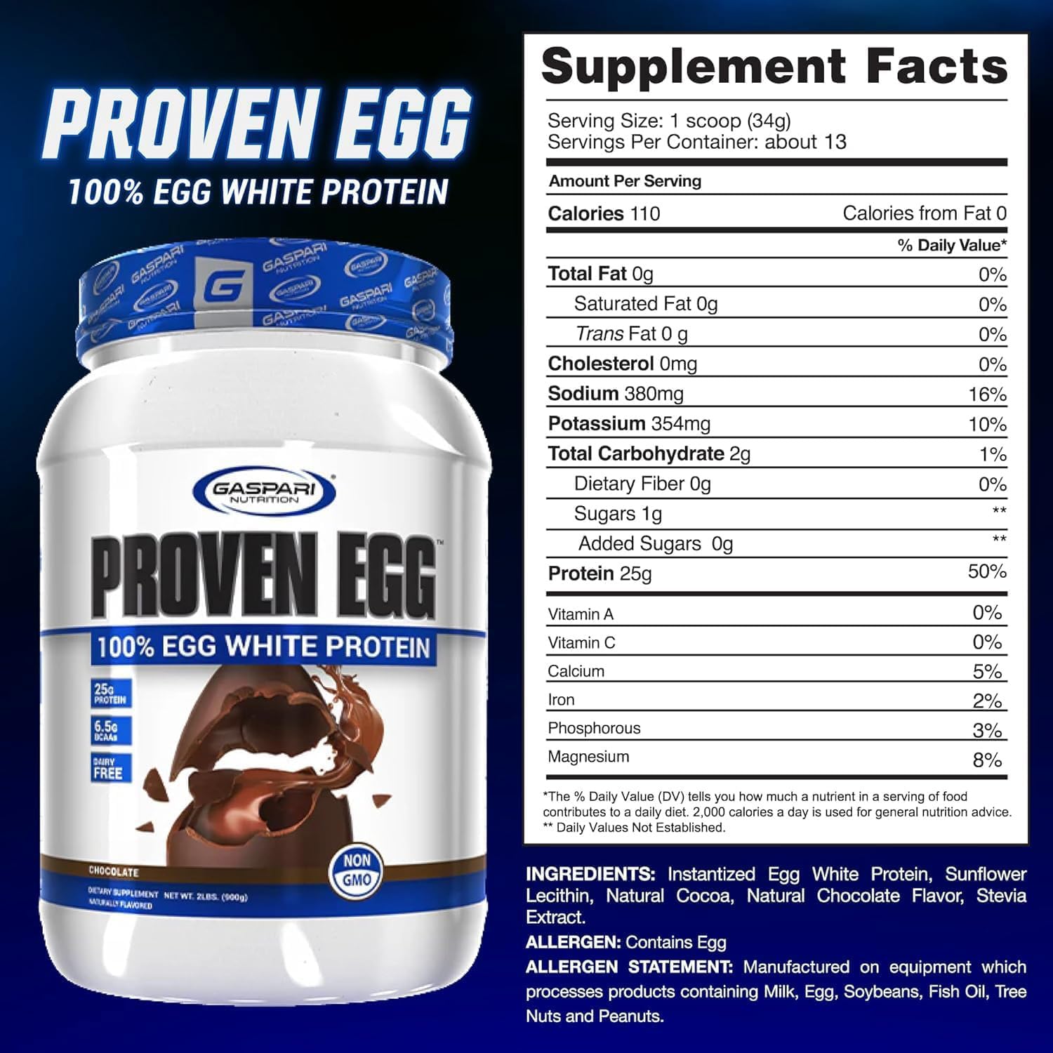Gaspari Nutrition Proven Egg powder scoop beside bottle, dairy-free protein option.