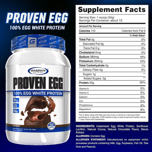 Gaspari Nutrition Proven Egg powder scoop beside bottle, dairy-free protein option.