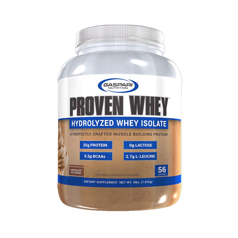 Gaspari Nutrition Proven Whey bottle front shows high-protein formula for muscle support.