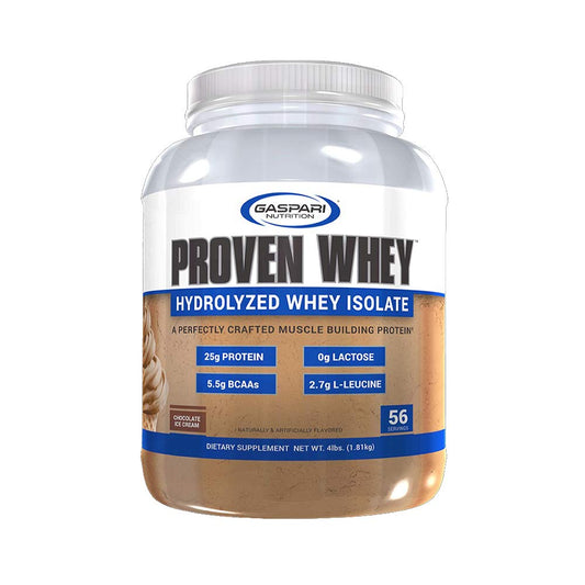 Gaspari Nutrition Proven Whey bottle front shows high-protein formula for muscle support.