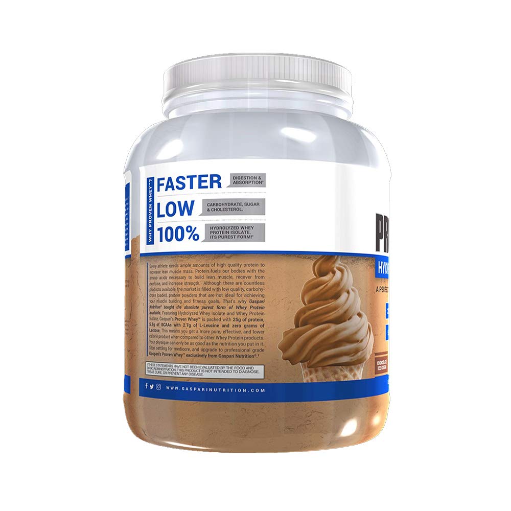 Gaspari Nutrition Proven Whey label closeup highlighting hydrolyzed whey isolate purity.