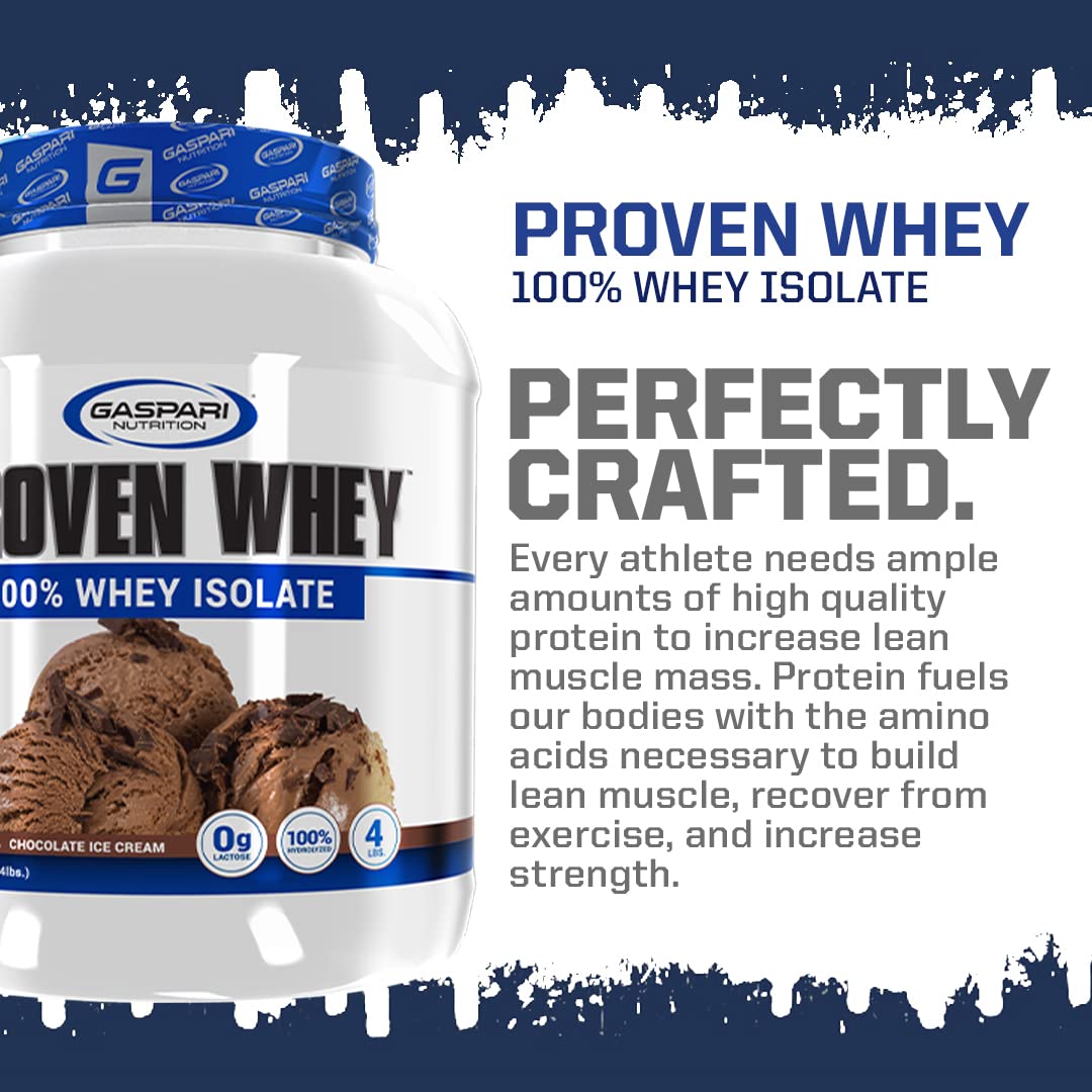 Gaspari Proven Whey scoop in vanilla demonstrates quick-mix for busy training days.