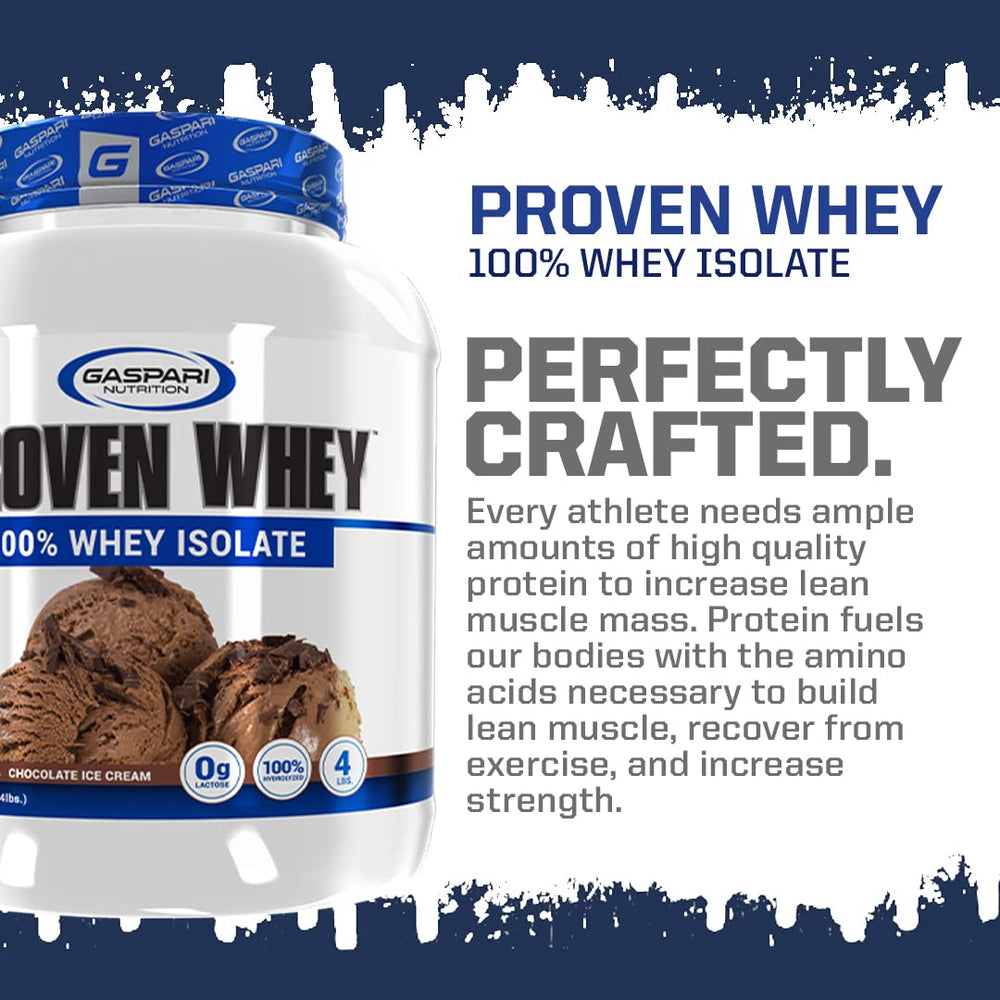 Gaspari Proven Whey scoop in vanilla demonstrates quick-mix for busy training days.