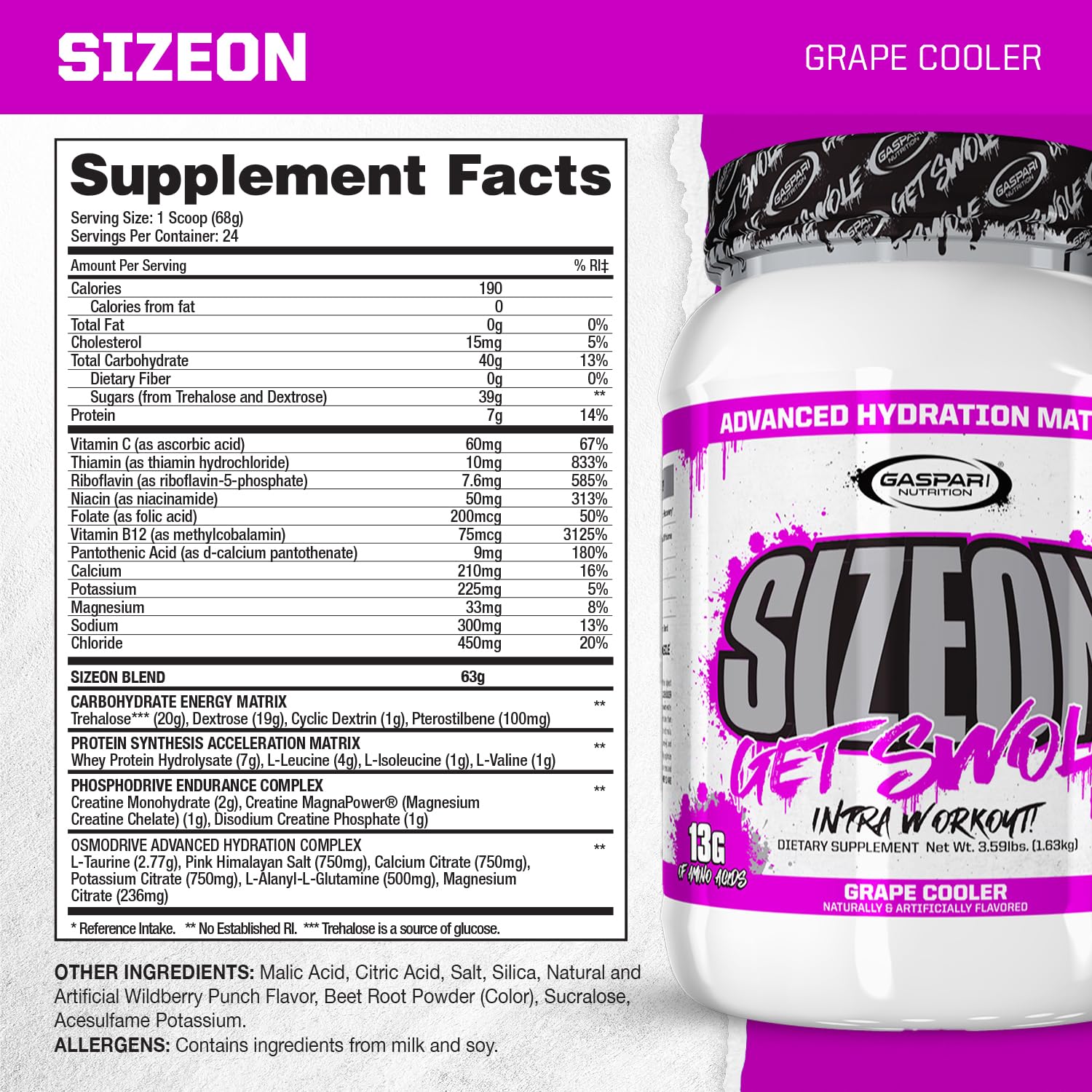 Gaspari SizeOn grape cooler bottle showcasing convenient performance support