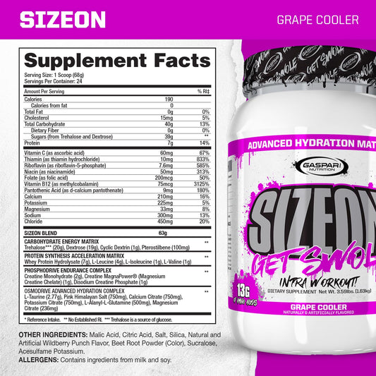 Gaspari SizeOn grape cooler bottle showcasing convenient performance support