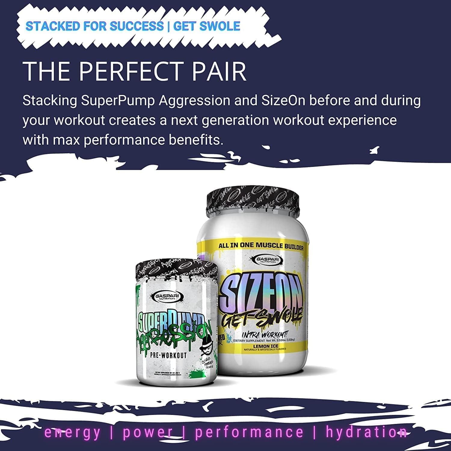 Gaspari SizeOn serving scoop beside label illustrates simple serving guidance.