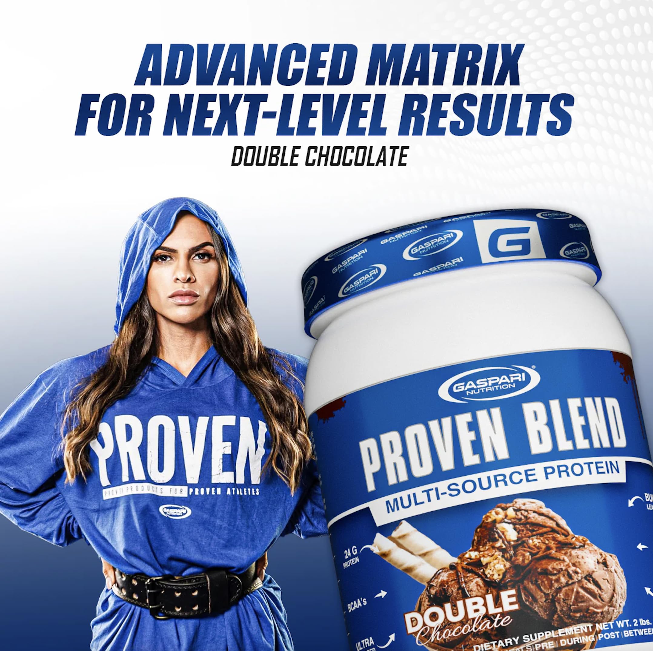 Gaspari Proven Blend ingredients label highlighting beef and whey protein sources for recovery.