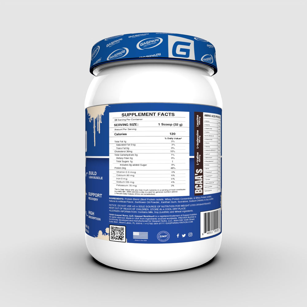 Gaspari Proven Blend shake being prepared with smooth vanilla texture.