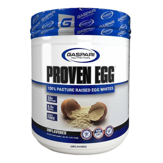 Gaspari Proven Egg bottle pouring, dairy-free protein for convenient daily nutrition.