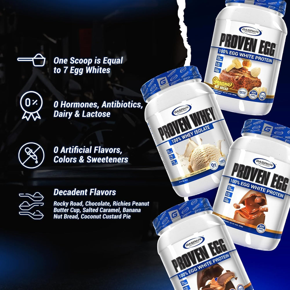 Gaspari Proven Egg dairy-free symbol, supports allergen-friendly protein options.