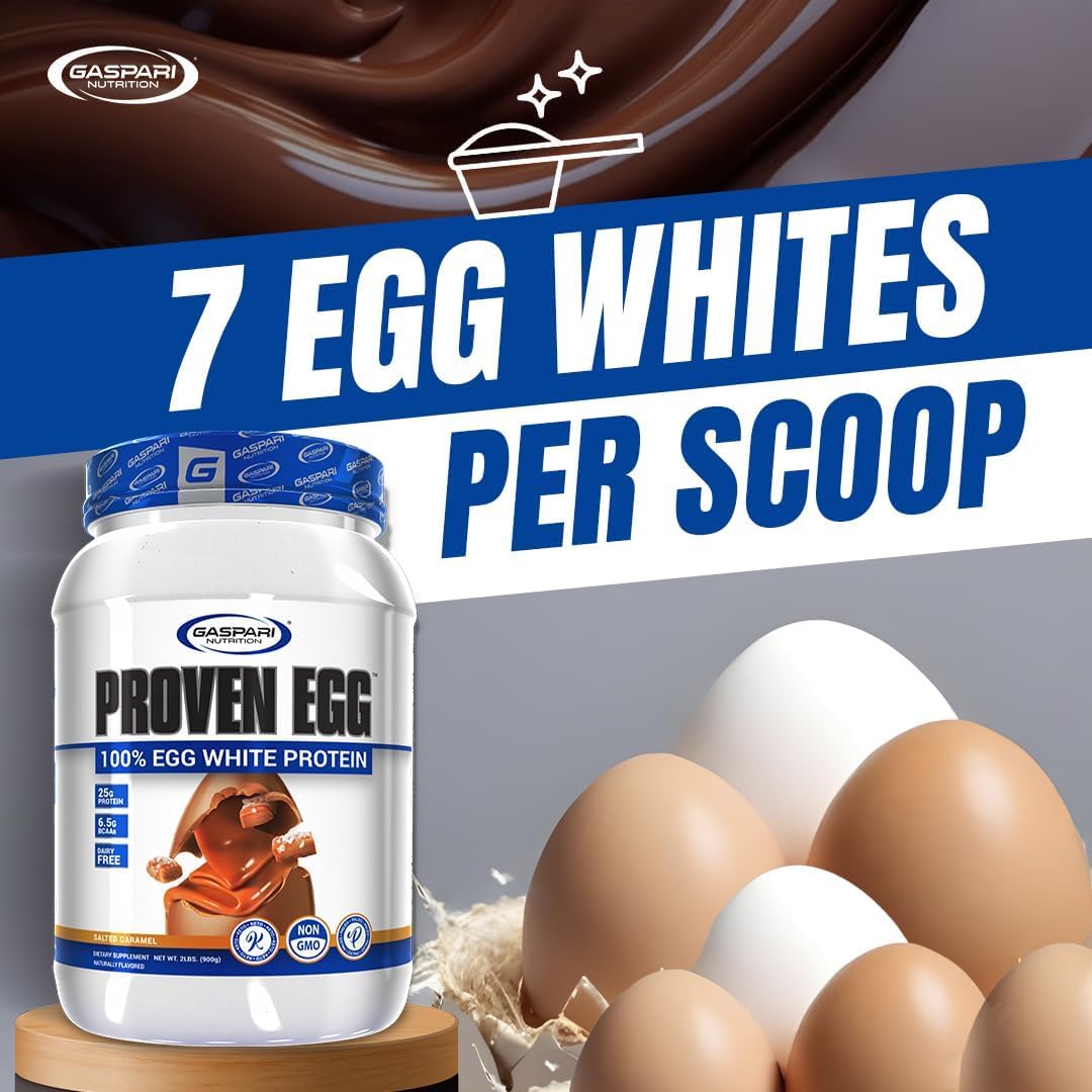 Gaspari Proven Egg label detail, shows dairy-free and lactose-free benefits.